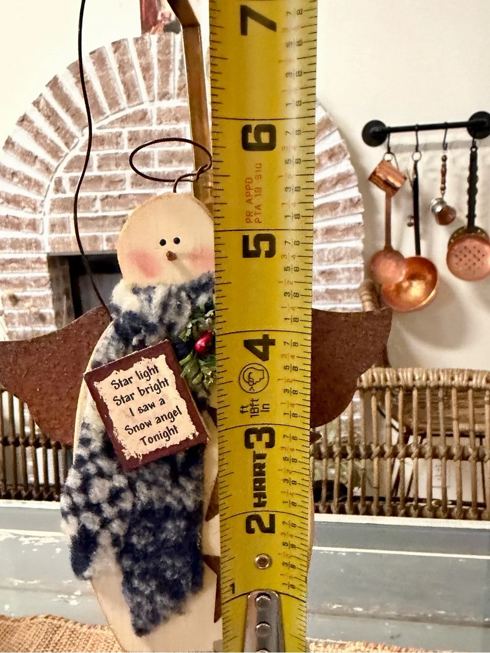 Hand Crafted Wooden Snow Angel Ornament with Blue Scarf and Rust Stars